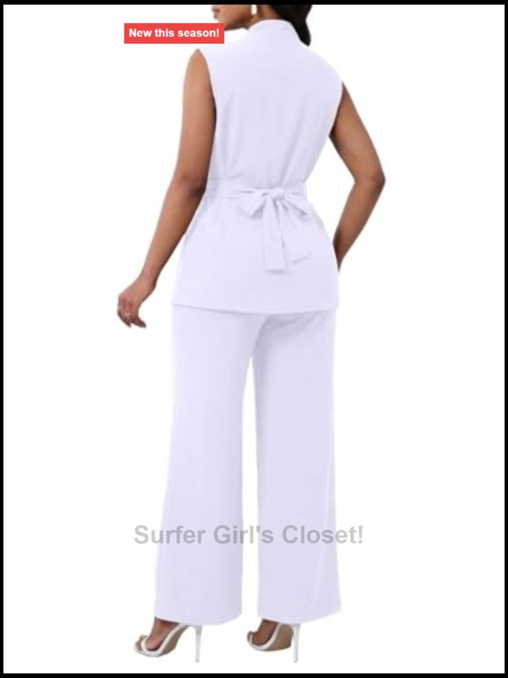 Sleeveless Belt Button Down Shirts Flare Pant Business Suit Set Dressy Pantsuits - Picture 3 of 7